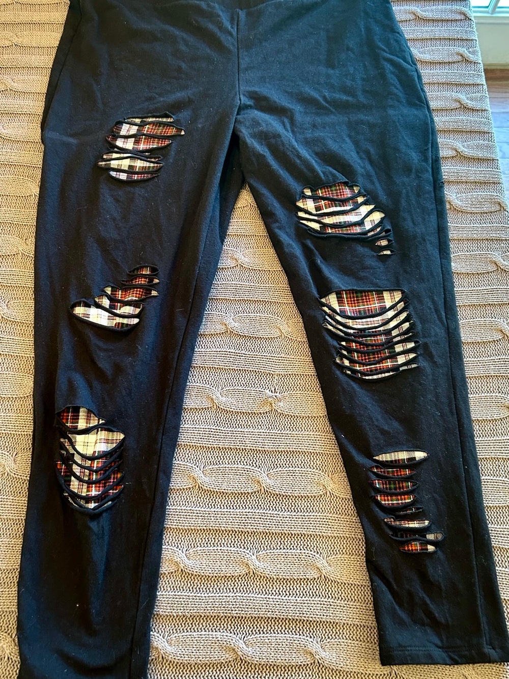 Torrid Black Distressed Leggings with Black/Red/White Plaid Lining; Torrid Size